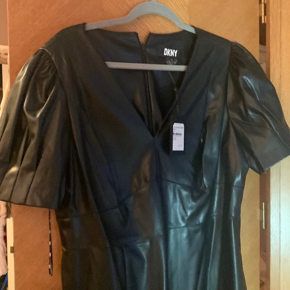 NWT DKNY black vegan leather, knee length dress